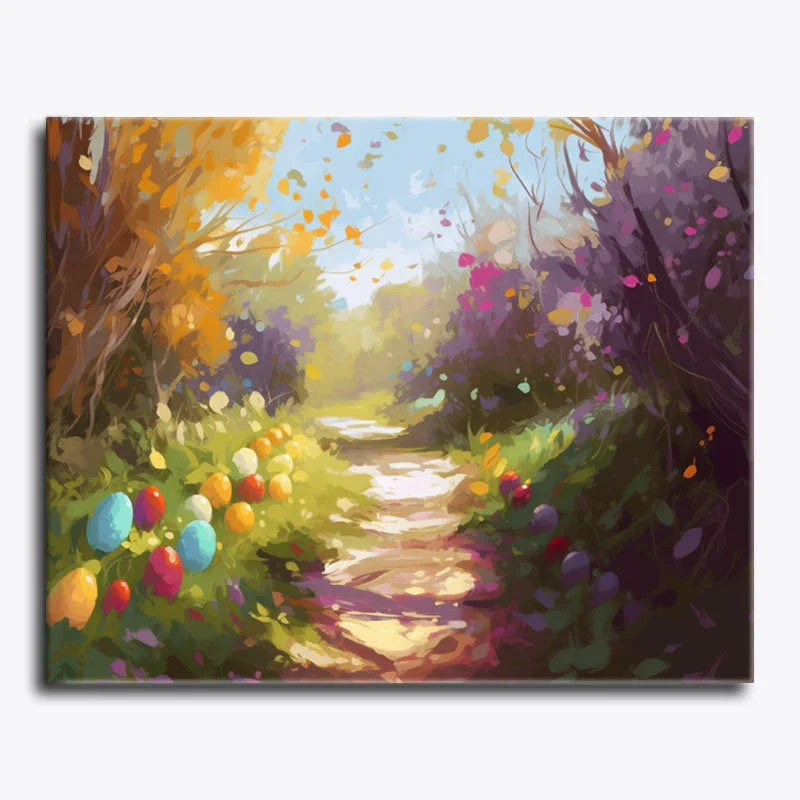 Colorful painting of a garden path with Easter eggs and flowers