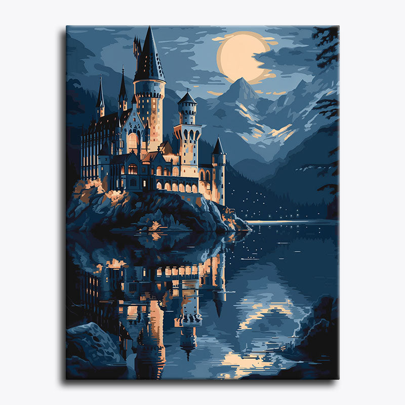Fantasy castle reflected in water with mountains and moon in the background