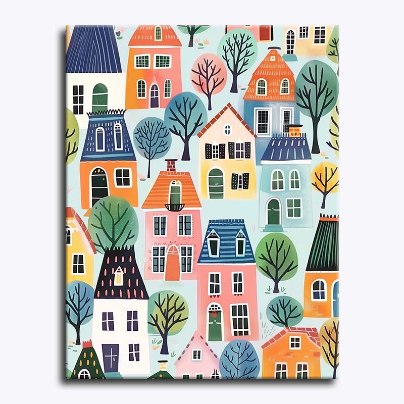 Pattern of colorful houses and trees on a blue background