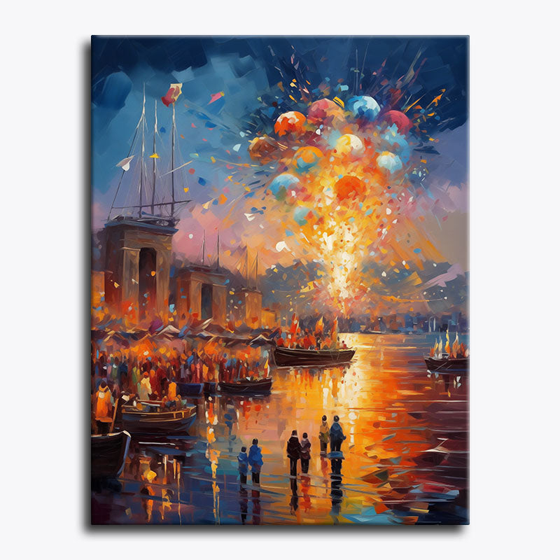 Painting of a vibrant harbor scene with people, boats, and fireworks.