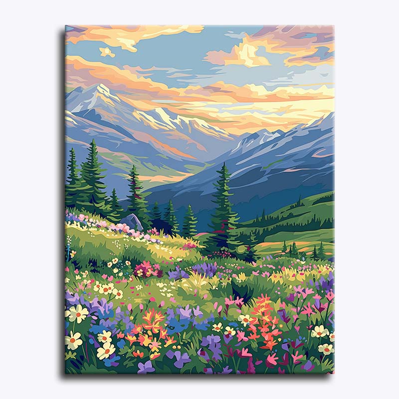 Canvas print of a mountain landscape with flowers and trees
