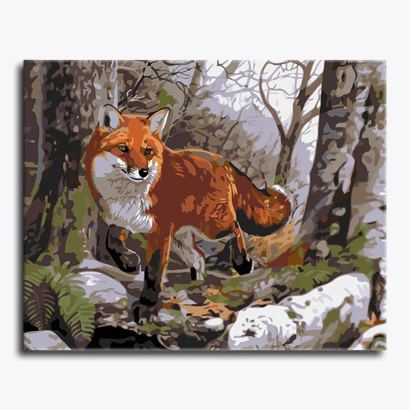 Painting of a fox in a forest setting