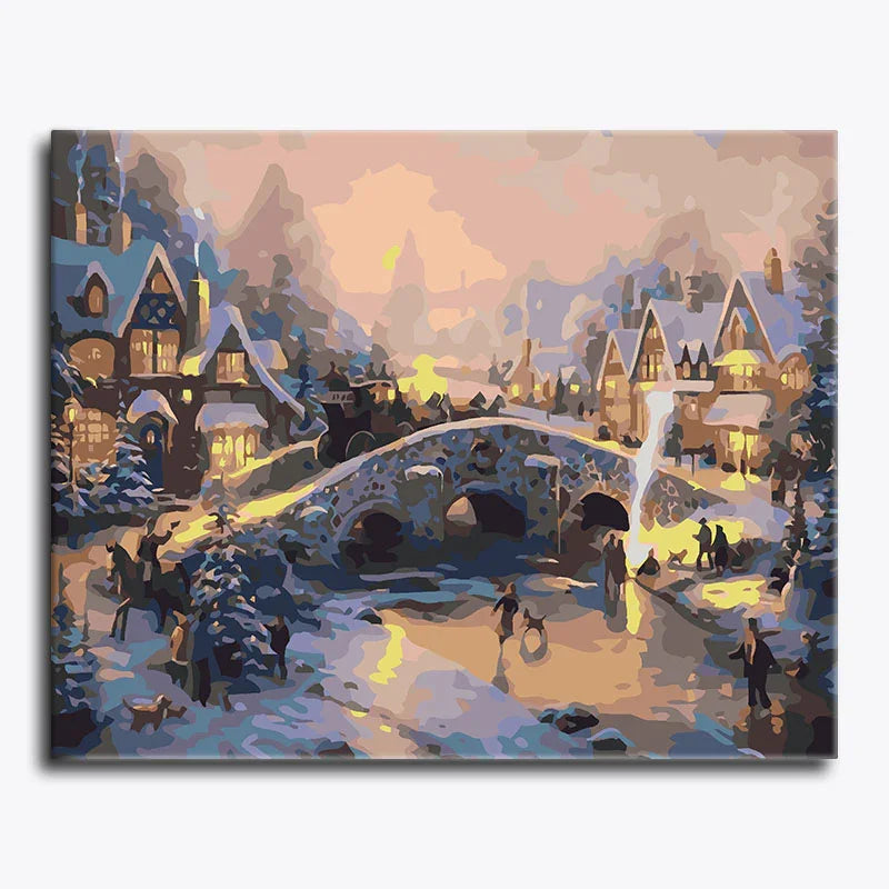 Painting of a snowy village scene with a bridge and people gathered around.