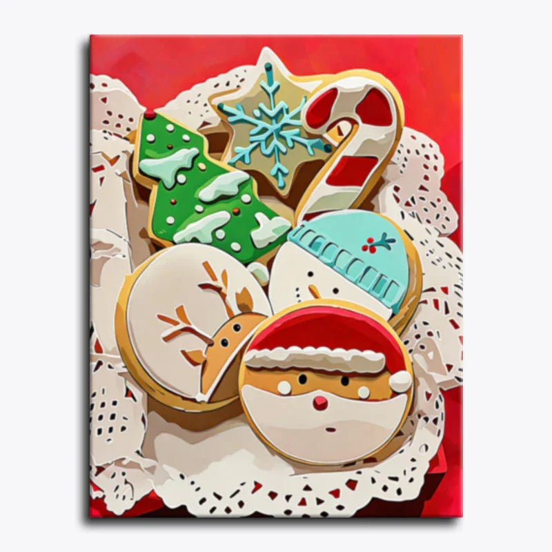 Decorative wall art with Christmas-themed cookies on a red background