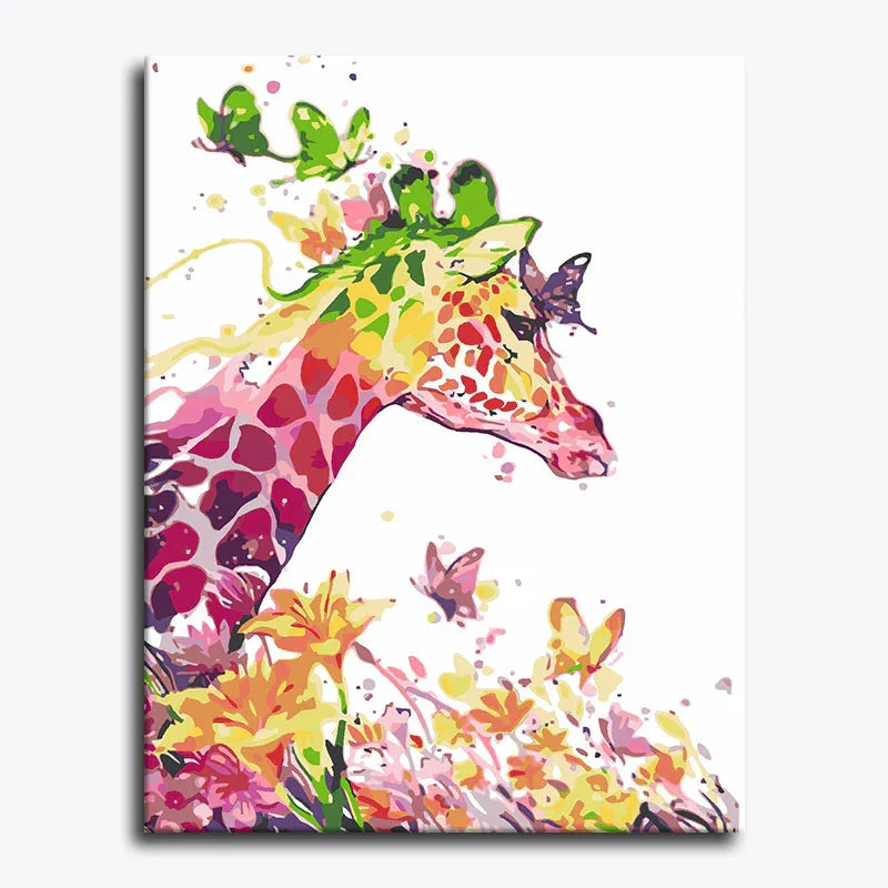 Colorful abstract painting of a giraffe with butterflies and flowers on a white background