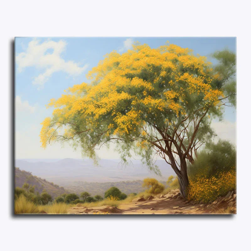 Painting of a tree with yellow flowers in a landscape