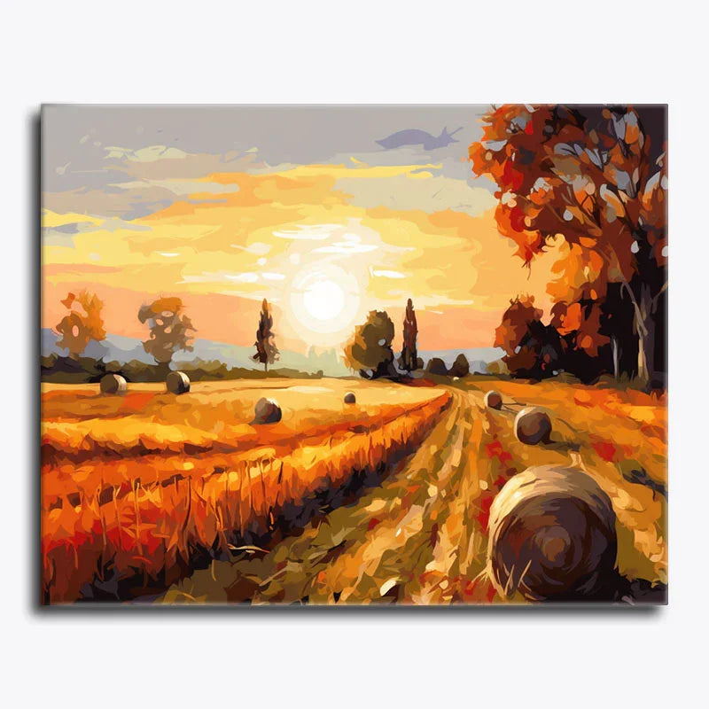 Painting of a sunset over a field with hay bales and trees.