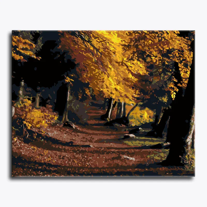 Painting of a path lined with trees with autumn foliage