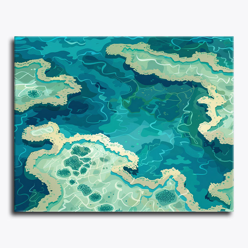 Top-down view of coral reef and turquoise ocean in a simplified paint-by-numbers style.