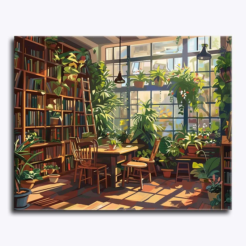 Cozy room with bookshelves, plants, and a table