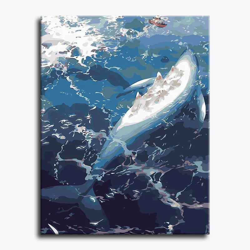 Canvas print of a shark in the ocean with a boat in the background