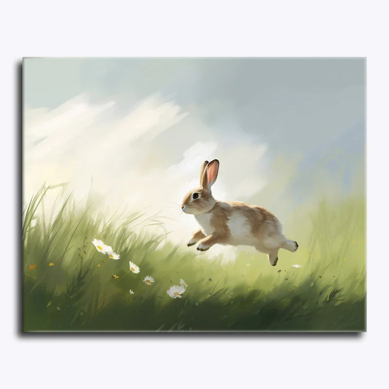 Painting of a rabbit running through grass with flowers