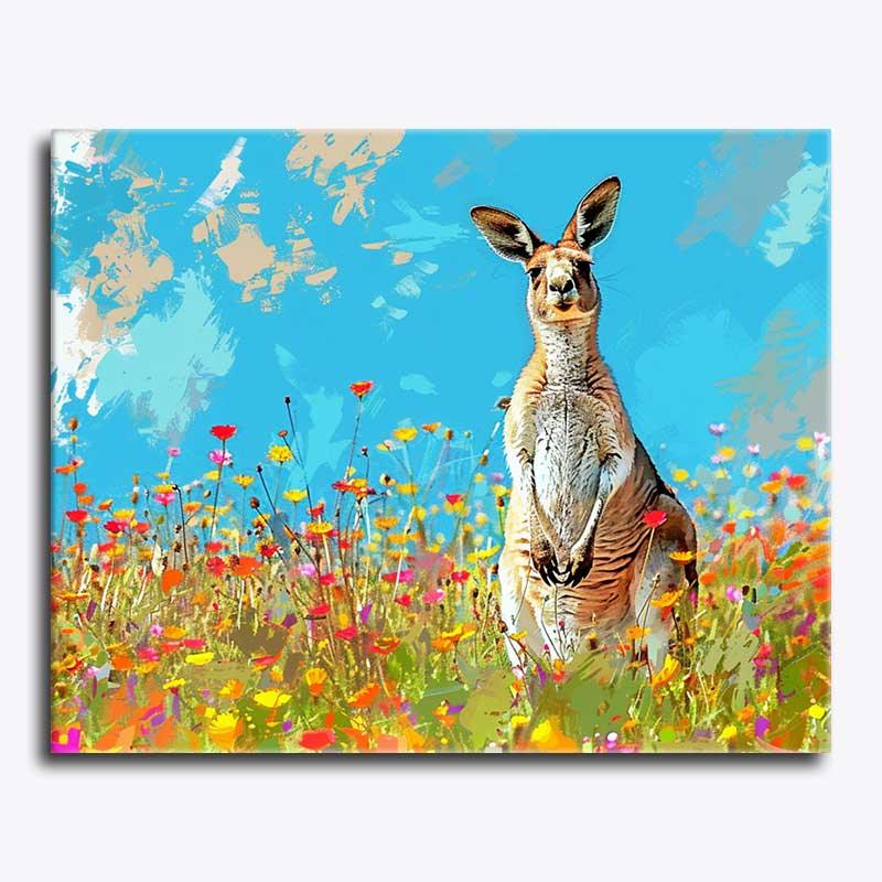Colorful painting of a kangaroo in a field with flowers against a blue sky