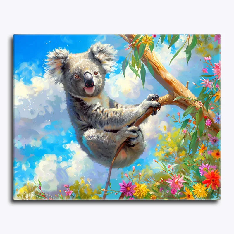 Painting of a koala on a branch with colorful flowers and sky in the background