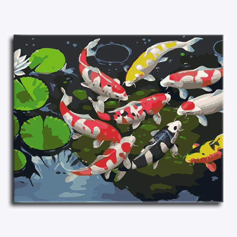 Colorful Koi fish painting with lily pads on a dark background