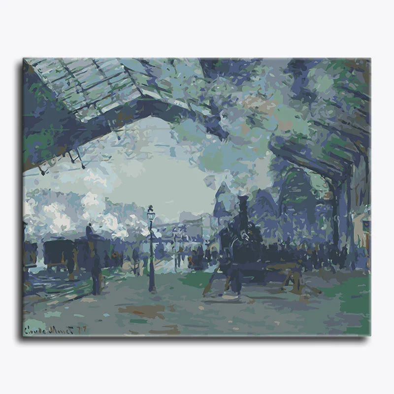 Painting of a train station with people and a steam locomotive, featuring a bridge and trees.