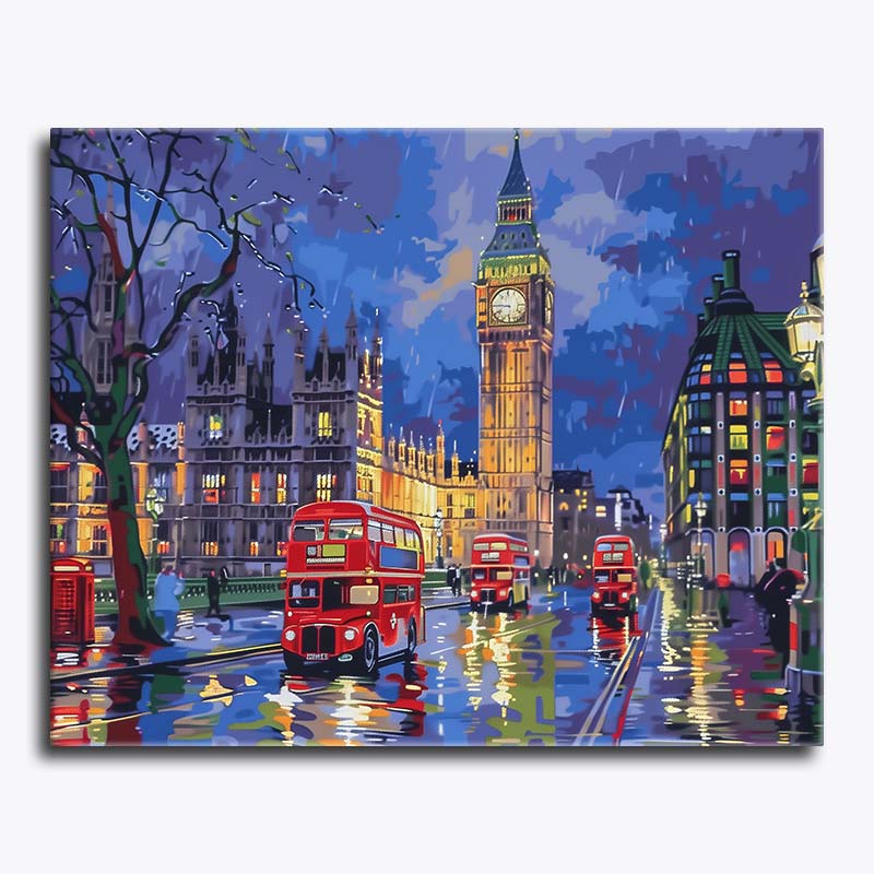Painting of a London street scene with Big Ben, red buses, and people on a rainy night.