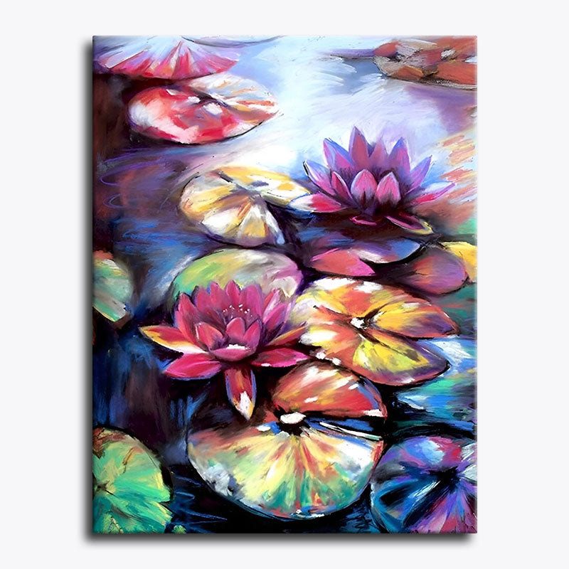 Colorful painting of water lilies on a white background