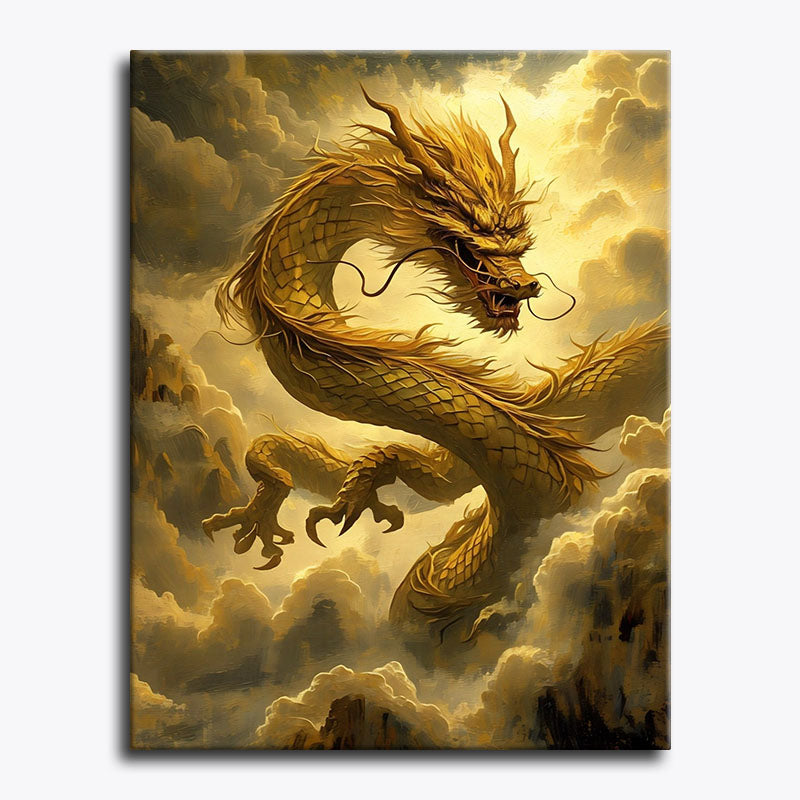 Painting of a golden dragon amidst clouds