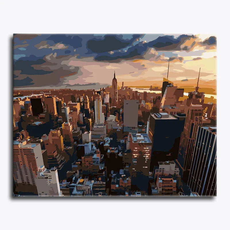 Cityscape painting with tall buildings and a colorful sky