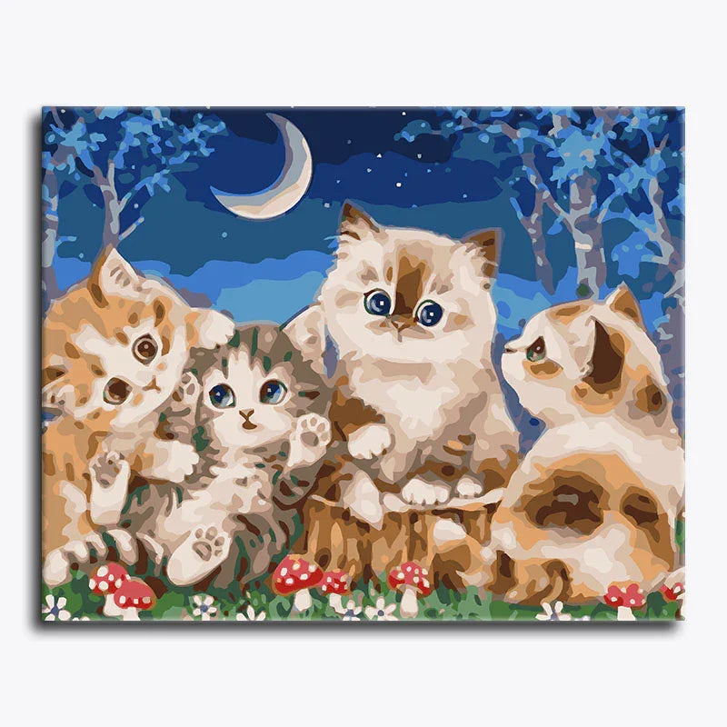 Canvas print of five cartoon cats in a forest setting with a moon and stars.