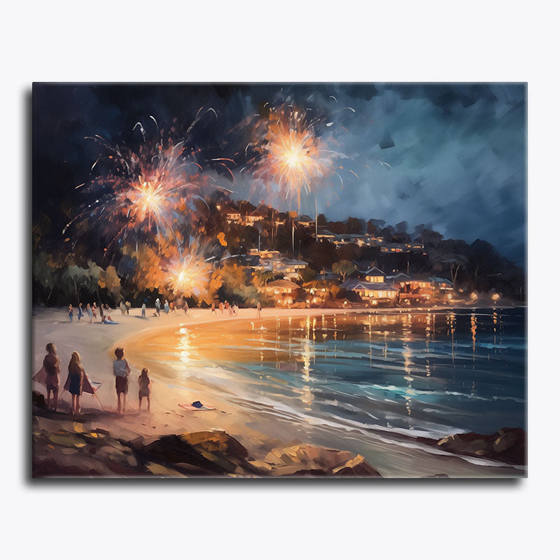 Painting of a beach scene with fireworks and people watching
