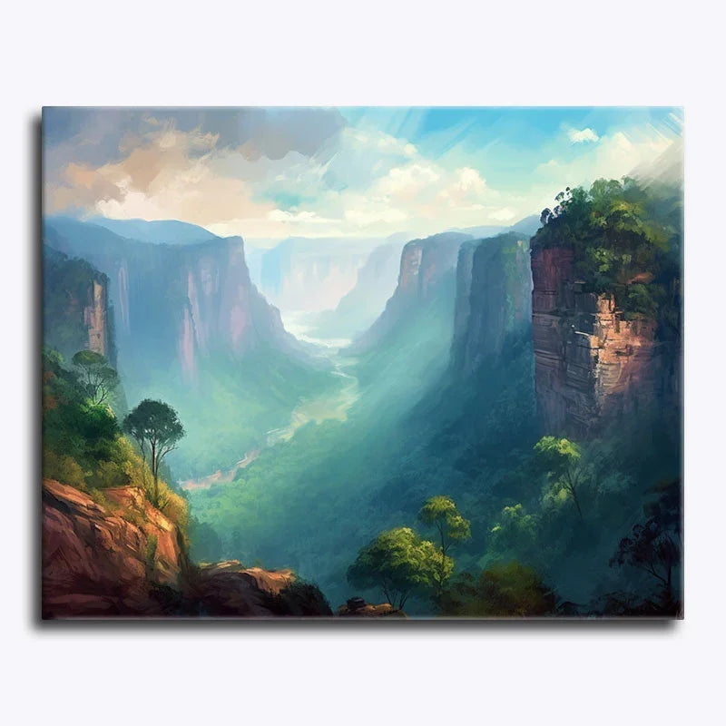 Painting of a mountainous landscape with valleys and waterfalls.