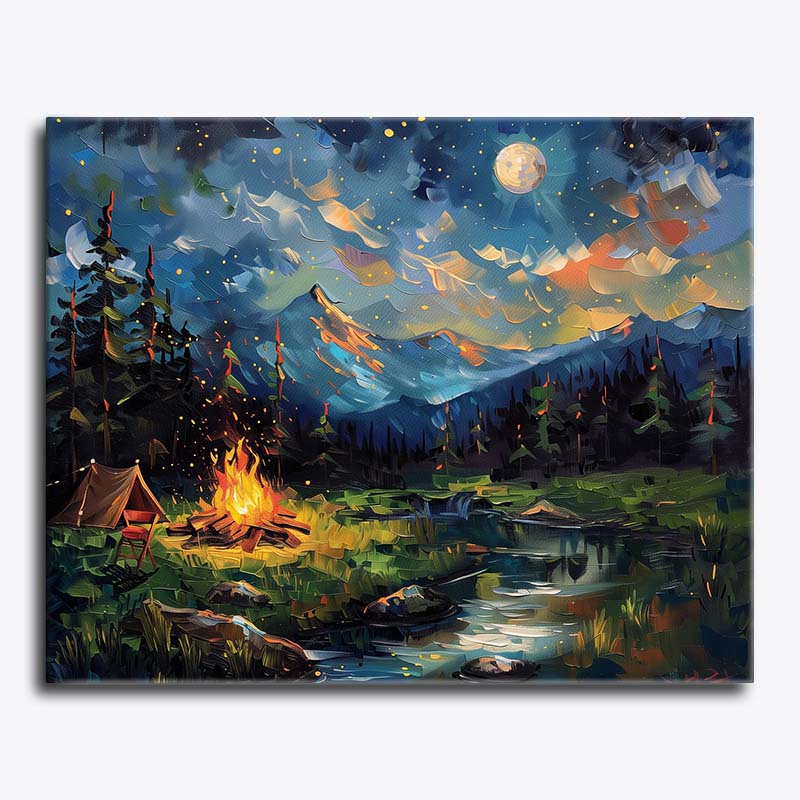 Painting of a campsite with a bonfire, tent, and mountain landscape under a starry sky.