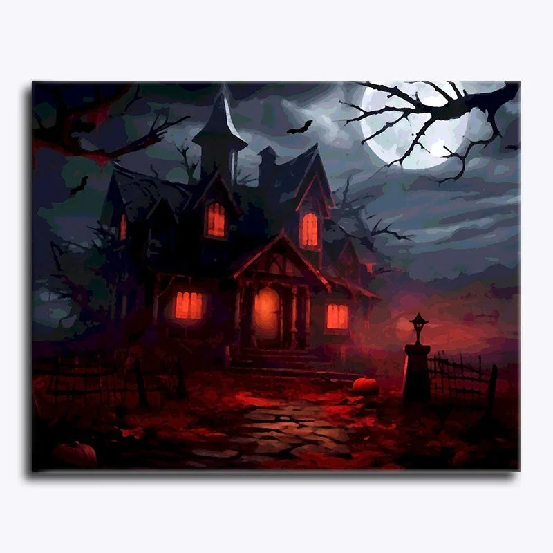 Spooky house with glowing windows at night, surrounded by trees and a full moon.