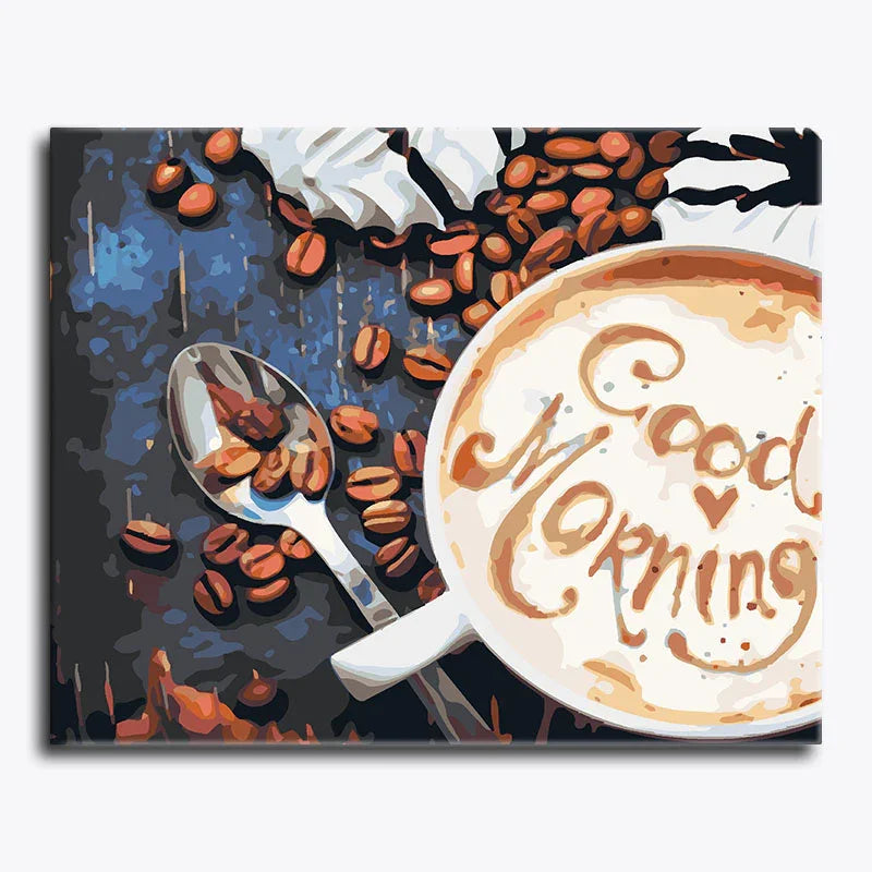 Canvas print with a cup of coffee, beans, and a spoon on a dark background