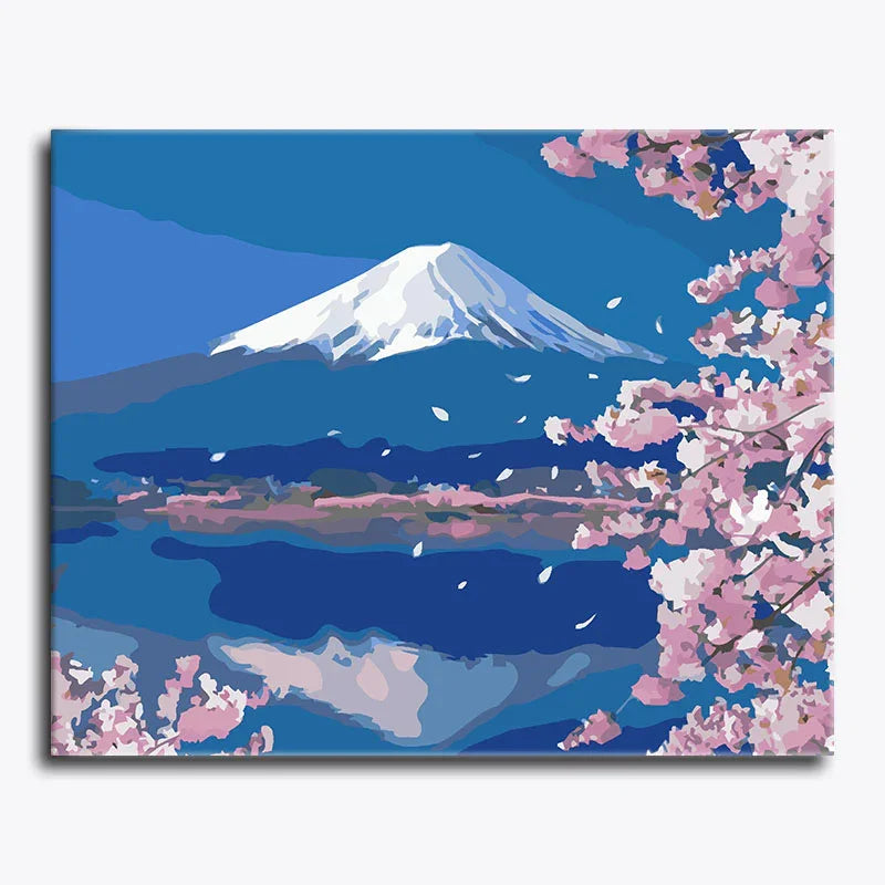Painting of Mount Fuji with cherry blossoms on a blue background