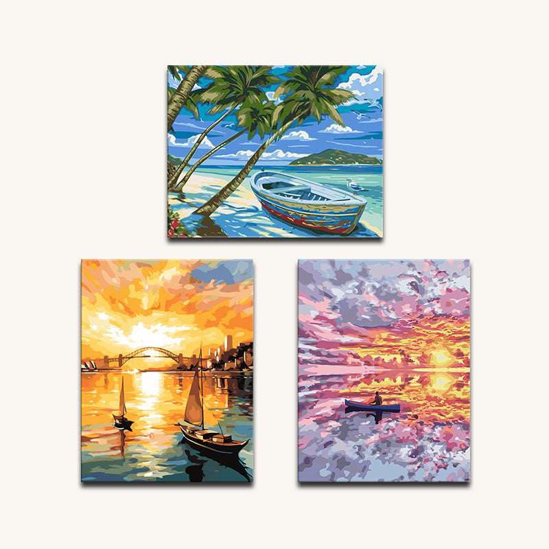 Set of three paintings featuring tropical scenes with boats and vibrant skies.