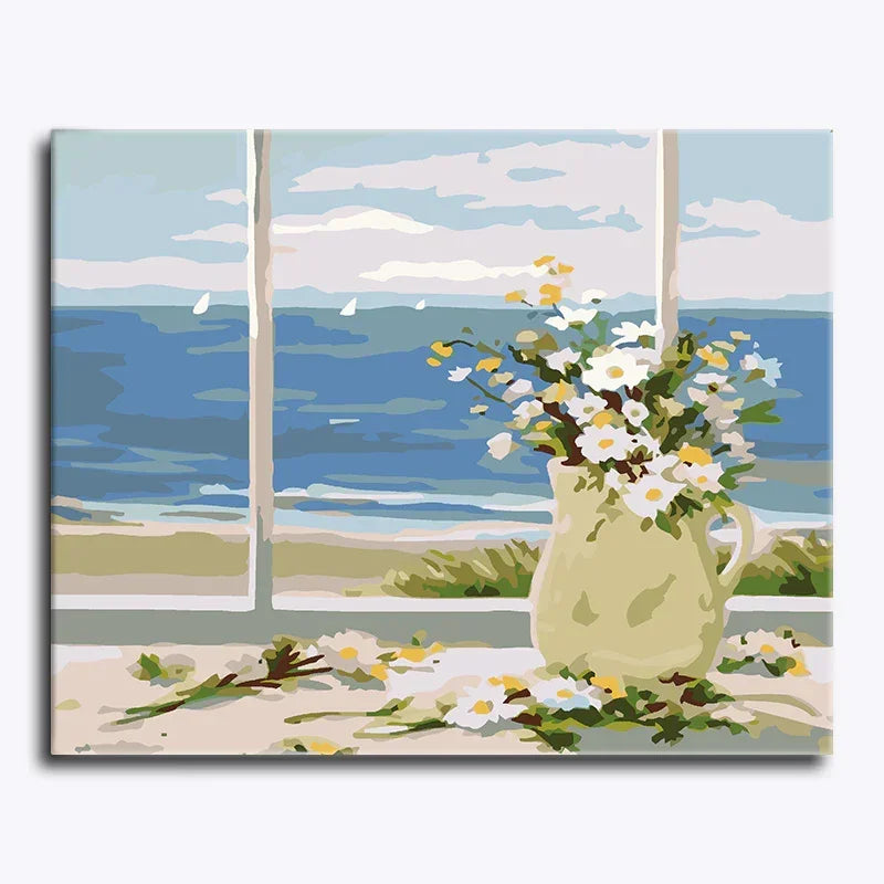 Painting of a vase with flowers on a windowsill overlooking a beach.