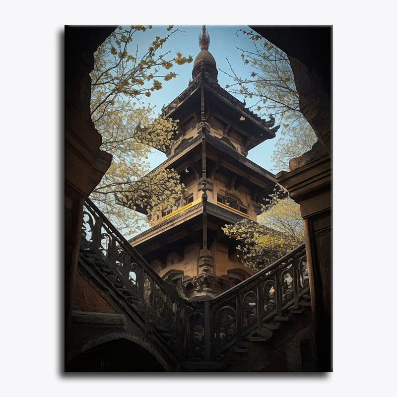 Traditional pagoda structure with intricate details against a clear sky.