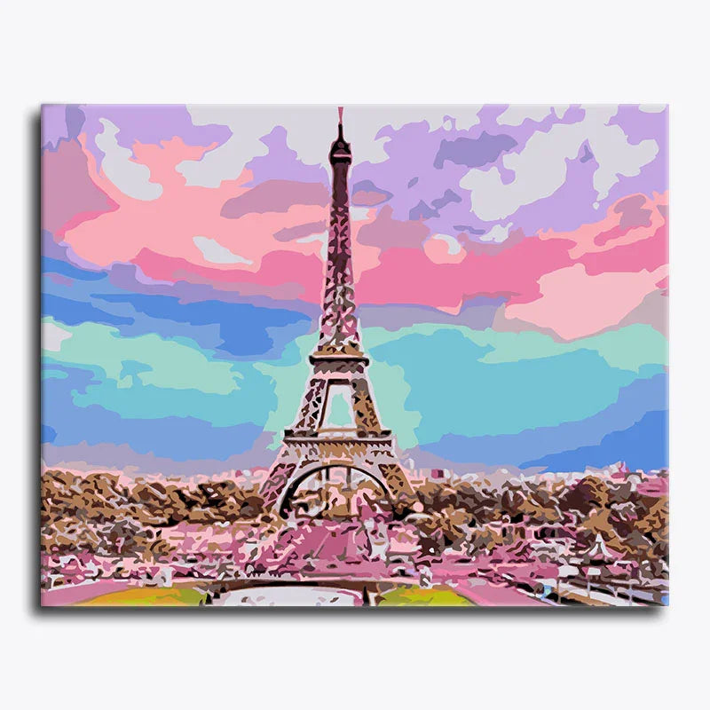 Colorful depiction of the Eiffel Tower with a pastel sky