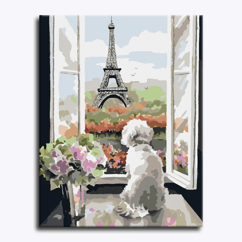 Painting of a dog looking out an open window with the Eiffel Tower in the background