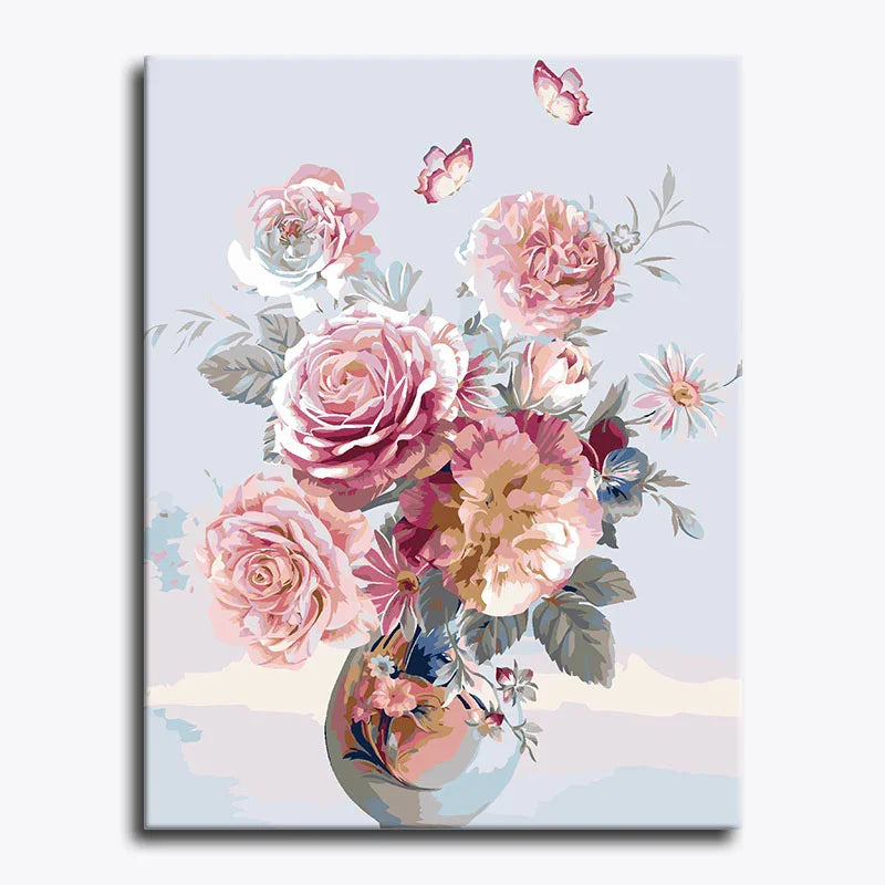 Floral painting with pink roses and butterflies on a light blue background