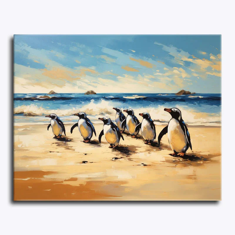 Painting of penguins walking on a beach with ocean and sky in the background