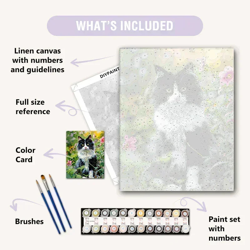 Artistic painting kit with linen canvas, brushes, color card, and paint set on a white background.