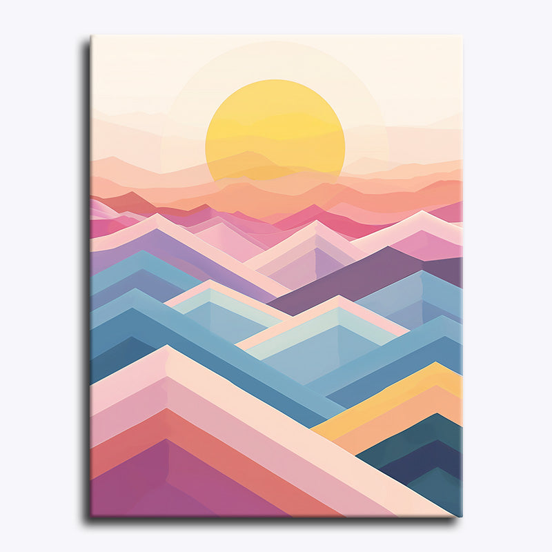 Colorful abstract mountain landscape with a sun in the sky on a white background