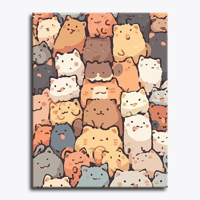 Canvas print with a pattern of cartoon cats in various colors on a white background