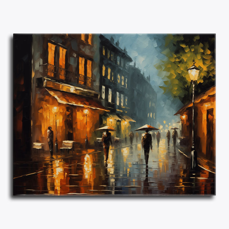Painting of a rainy street scene with people holding umbrellas and illuminated by streetlights.