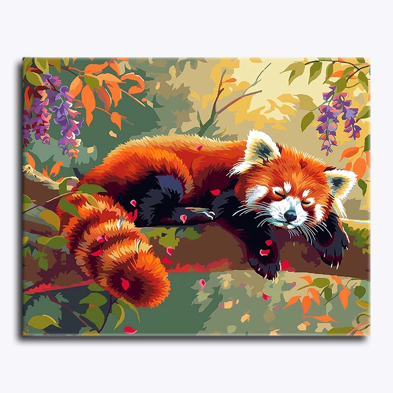 Painting of a red panda in a natural setting with leaves and flowers.