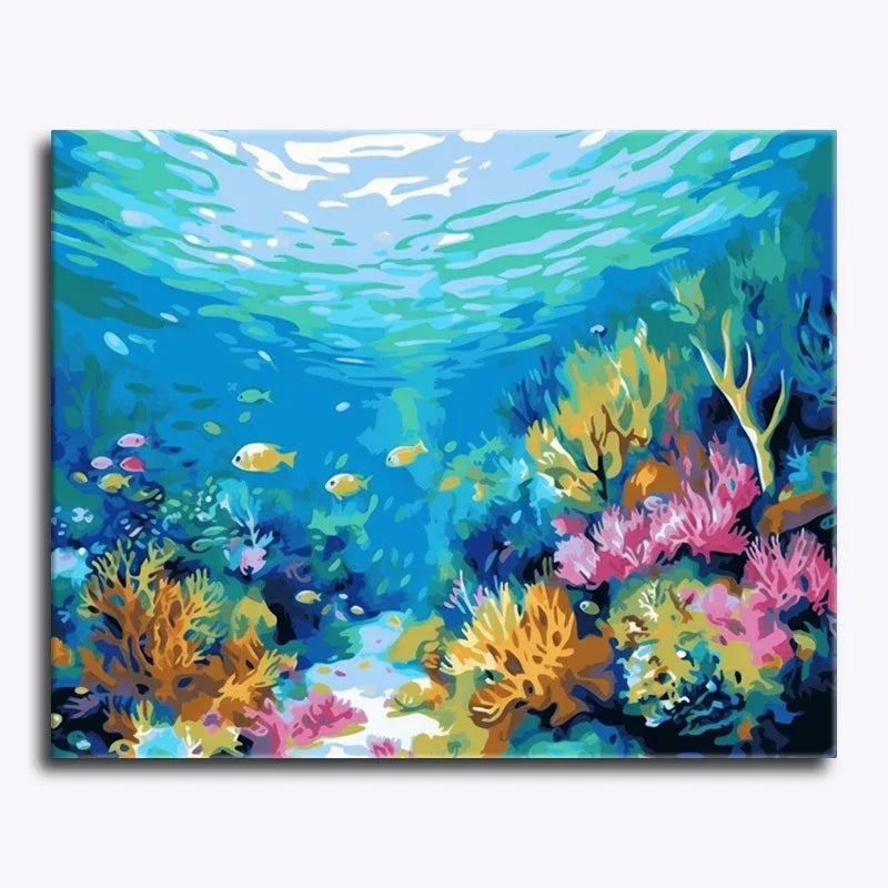 Colorful underwater scene with fish and coral on a blue background