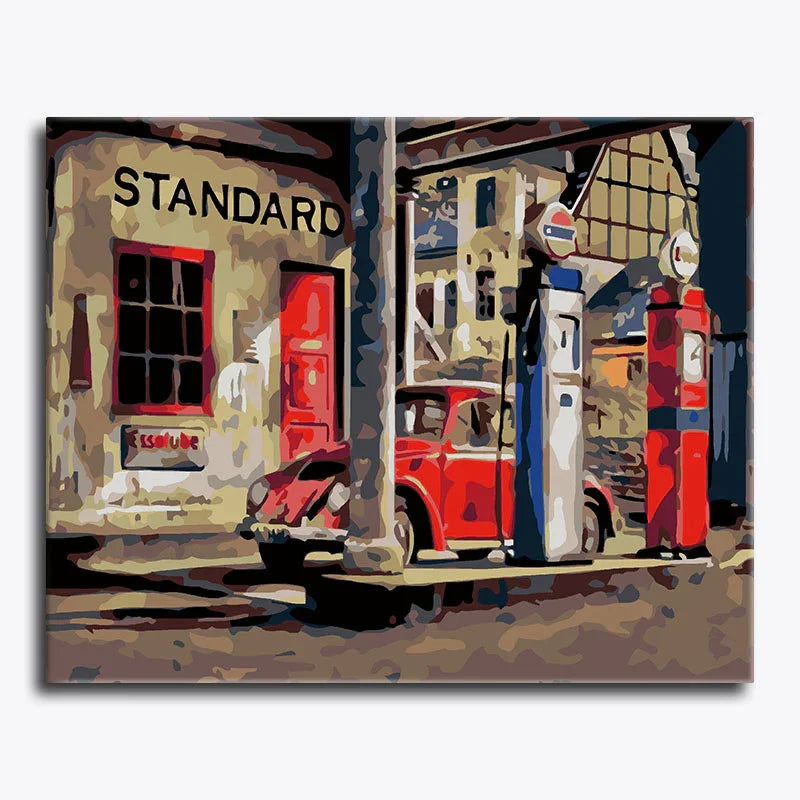 Painting of a vintage gas station scene with a red car and 'Standard' pump.