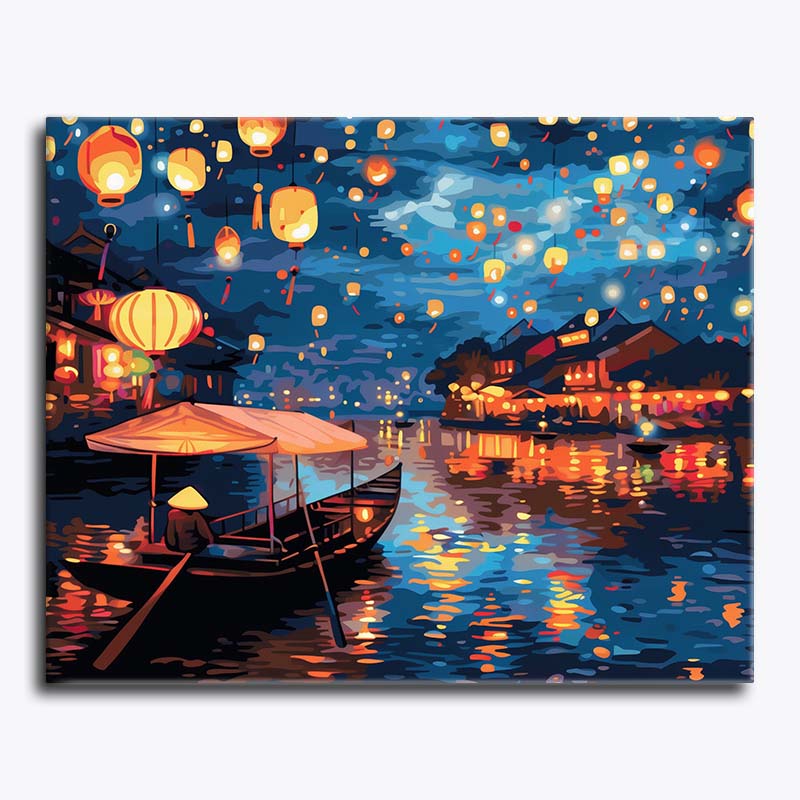 Painting of a serene night scene with lanterns, a boat, and traditional buildings.