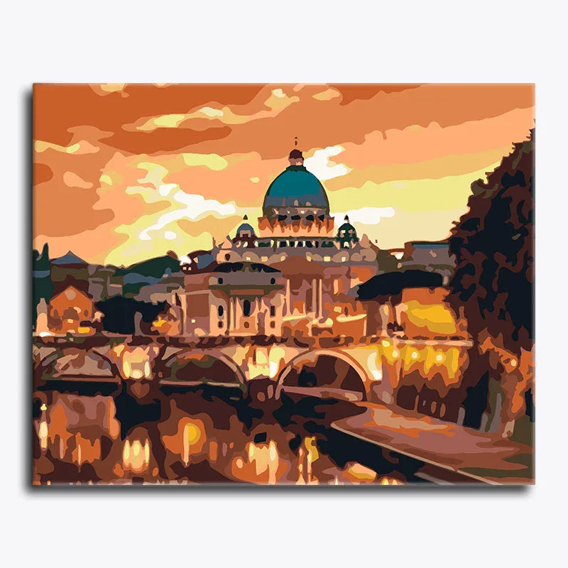 Painting of a cityscape with a prominent building and sunset sky.