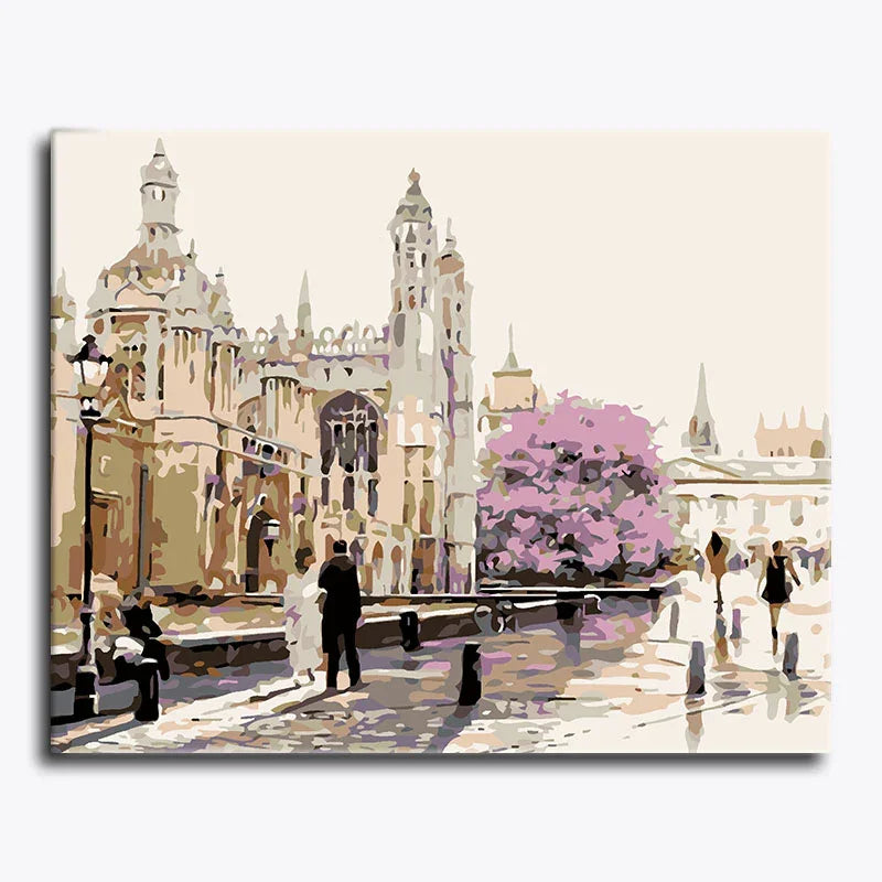Painting of a city square with architectural landmarks and people walking.