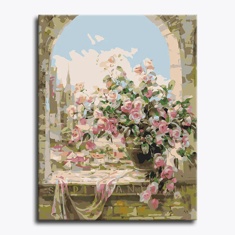 Painting of a floral arrangement on a bench with a scenic background