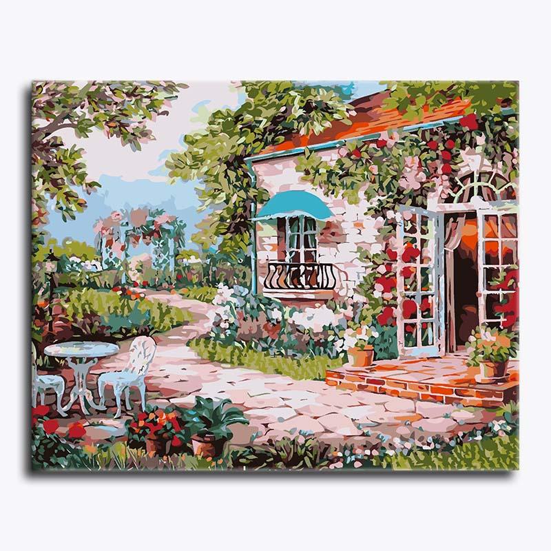 Colorful painting of a quaint house with garden and flowers